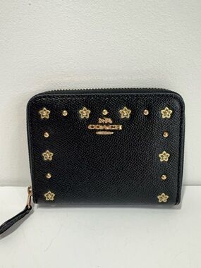 Coach Tea Rose Black Crossgrain Leather Small Zip Around Wallet Studded Rivet